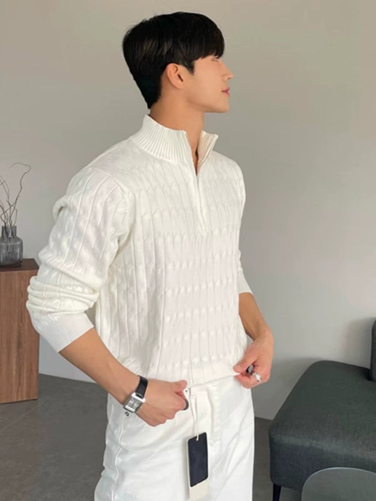 High-Neck Zipper Men'S Knitted Sweater Long Sleeve Fashionable White Outerwear Casual Lazy Sle All-Match Spring Autumn