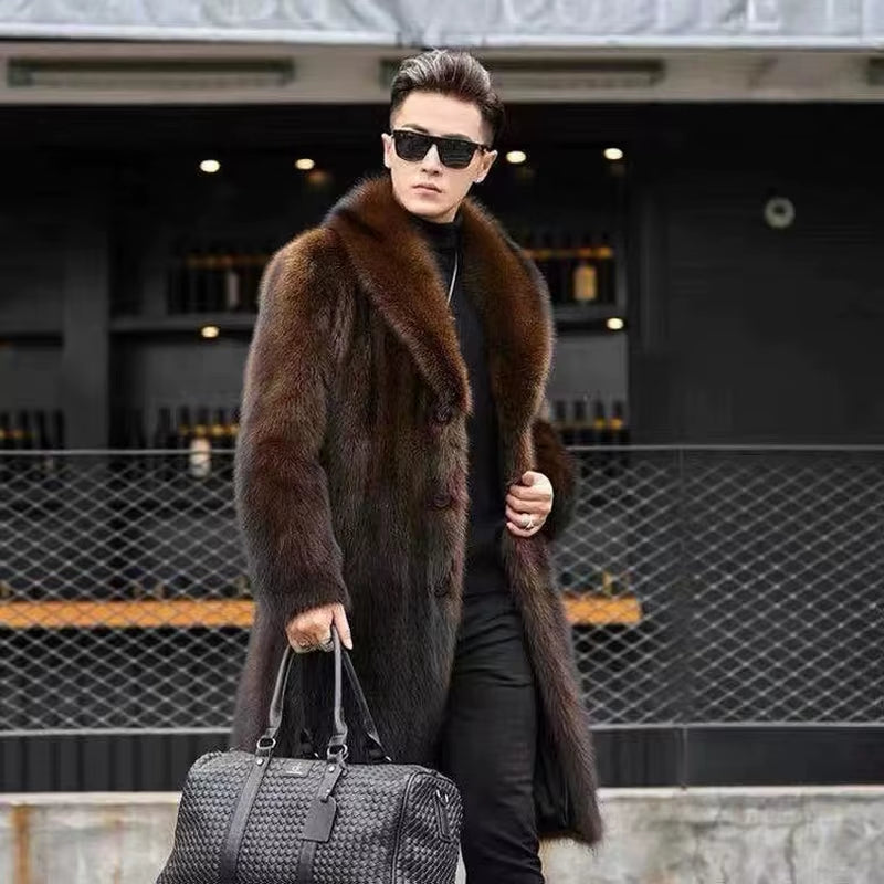 Men'S Long Fur Coat Winter Warm Mink Coat Big Fat Jacket Loose Casual Windbreaker