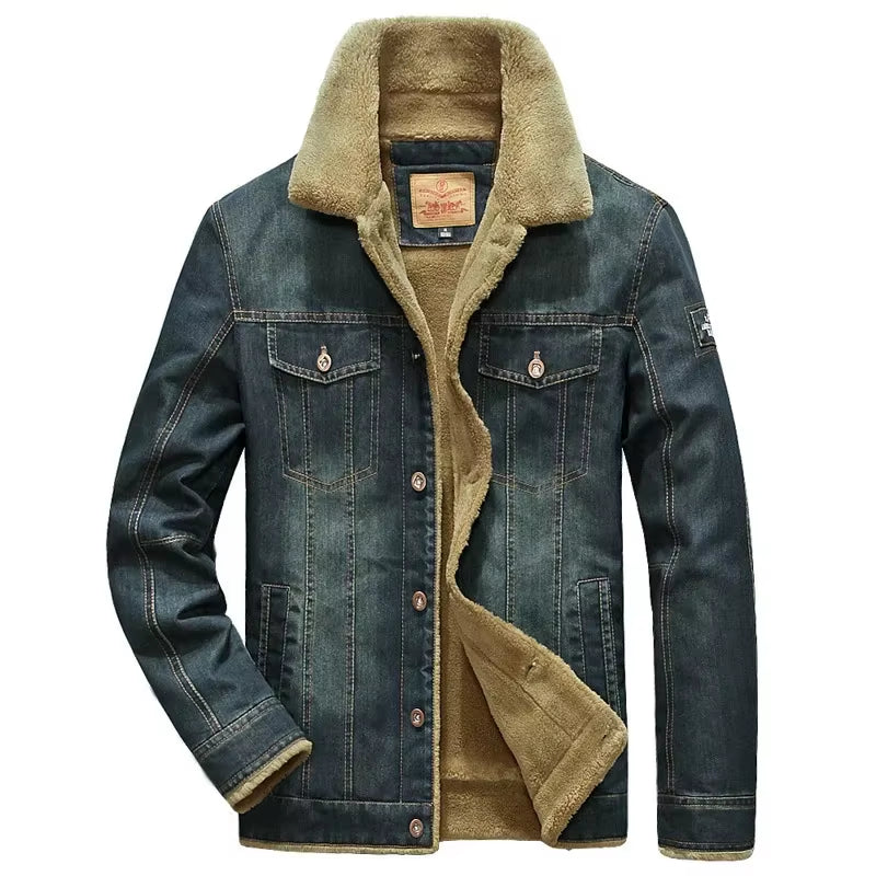 Winter Mens Jacket Motorcycle Casual High Quality Men Cotton Coat Lapel Thickened Lamb Wool Lining Denim Jacket Large 6XL