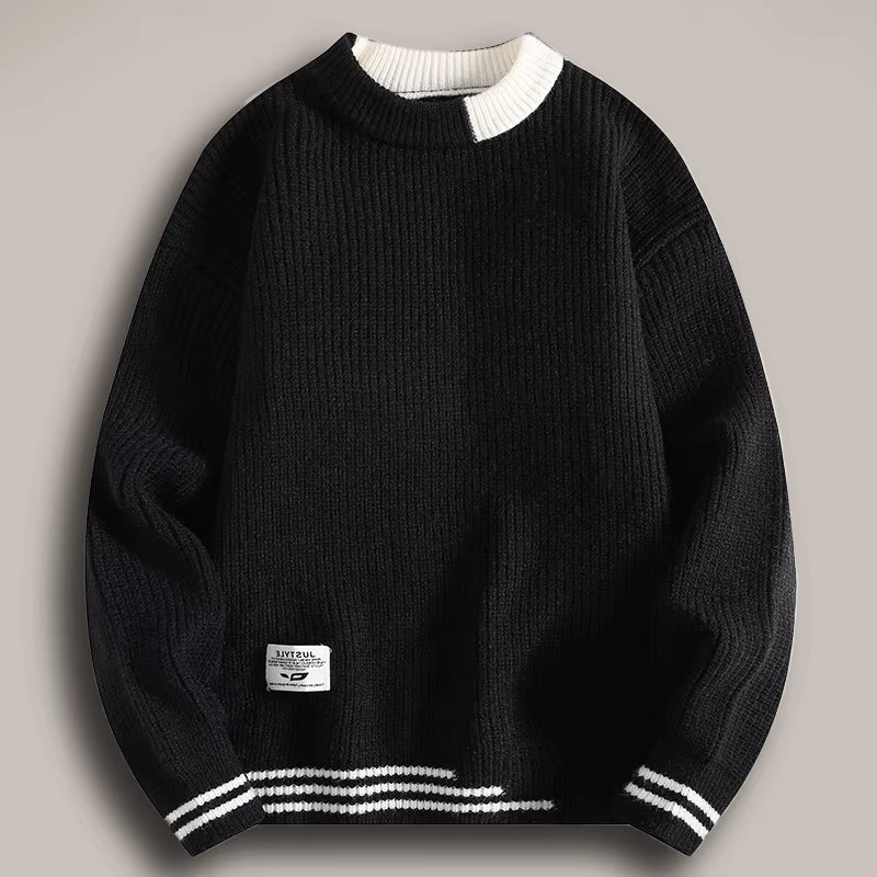 Men'S Knitted Wool Sweater round Neck Thickened Winter Fashion College Sle Youthful Long Sleeve Casual Loose Fit Sweater