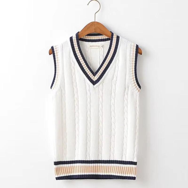 Sweater Vest Men Thicken V-Neck Sleeveless Knitted Sweaters Vests Striped Retro Preppy-Style Simple Chic Loose Casual All-Match