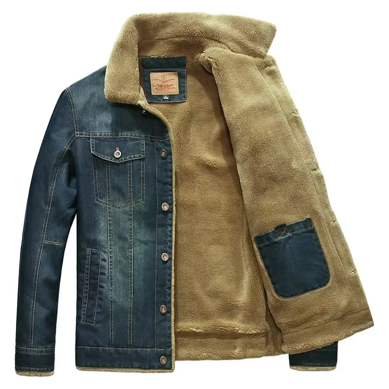 Winter Mens Jacket Motorcycle Casual High Quality Men Cotton Coat Lapel Thickened Lamb Wool Lining Denim Jacket Large 6XL