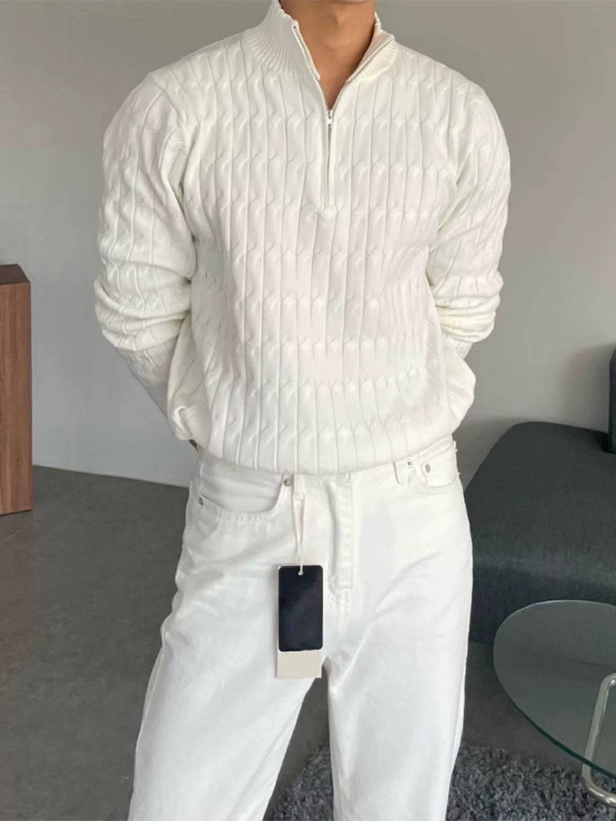 High-Neck Zipper Men'S Knitted Sweater Long Sleeve Fashionable White Outerwear Casual Lazy Sle All-Match Spring Autumn