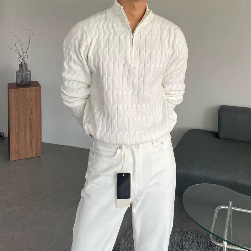 High-Neck Zipper Men'S Knitted Sweater Long Sleeve Fashionable White Outerwear Casual Lazy Sle All-Match Spring Autumn