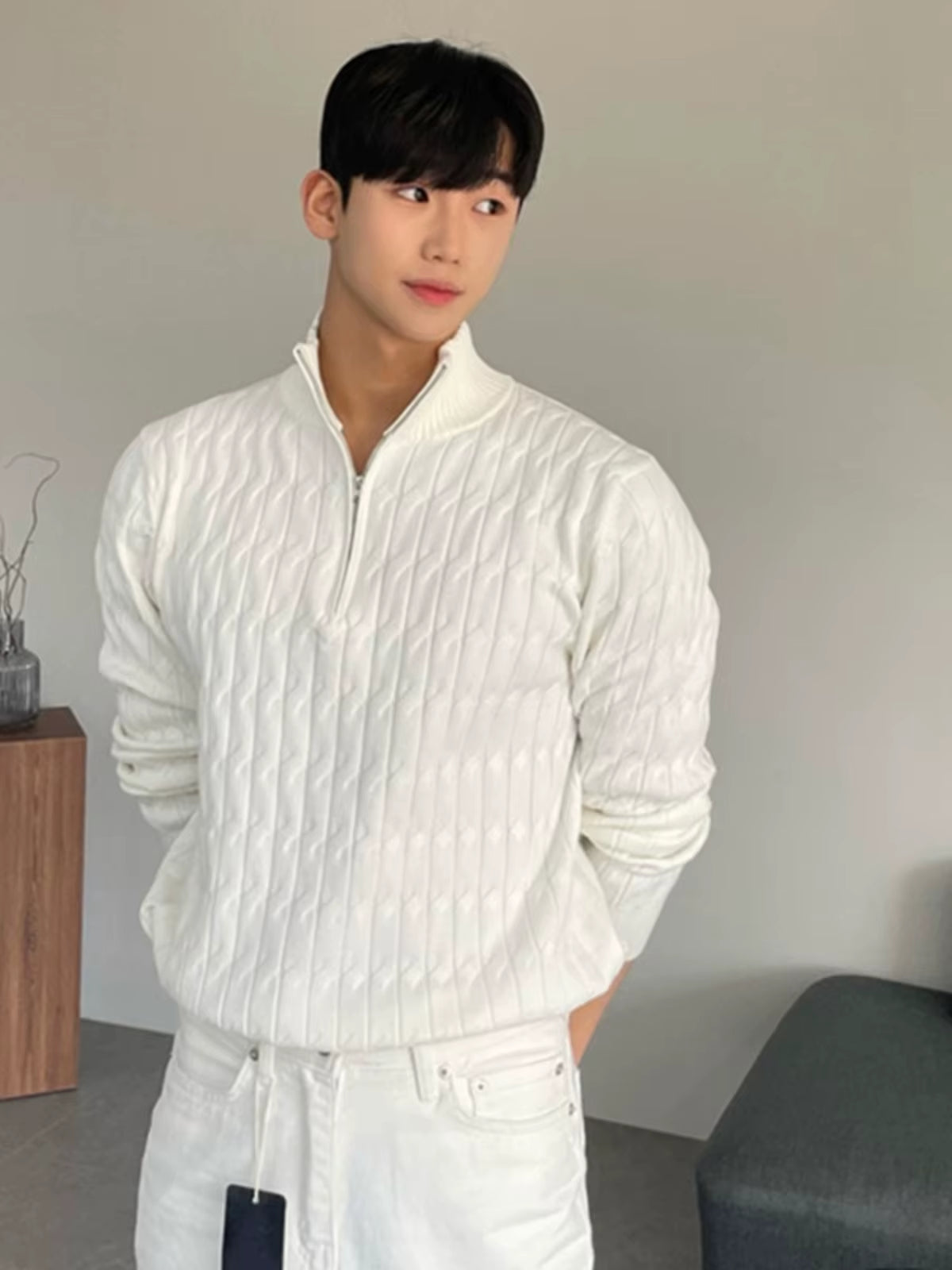 High-Neck Zipper Men'S Knitted Sweater Long Sleeve Fashionable White Outerwear Casual Lazy Sle All-Match Spring Autumn