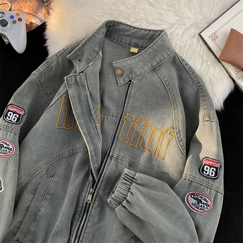 Vintage American High Street Badge Men'S Denim Jacket Zipper Collar Autumn Trendy Brand Faded Jeans Jacket Loose Fit Youth