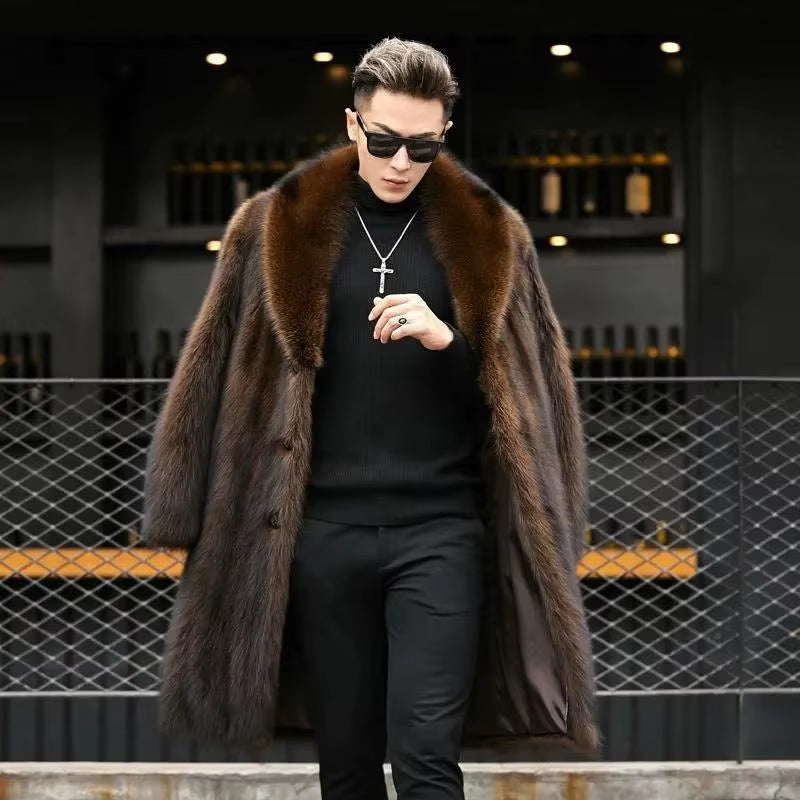 Men'S Long Fur Coat Winter Warm Mink Coat Big Fat Jacket Loose Casual Windbreaker