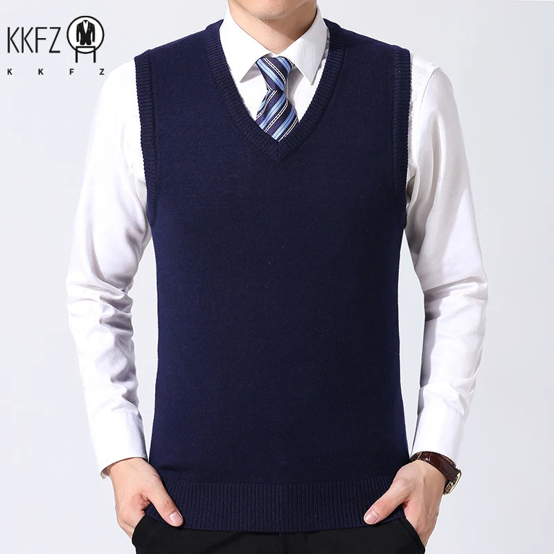 2024 Autumn Winter New Men'S Solid Color V-Neck Knitted Vest Casual Fashion Warm Sweater Versatile Top