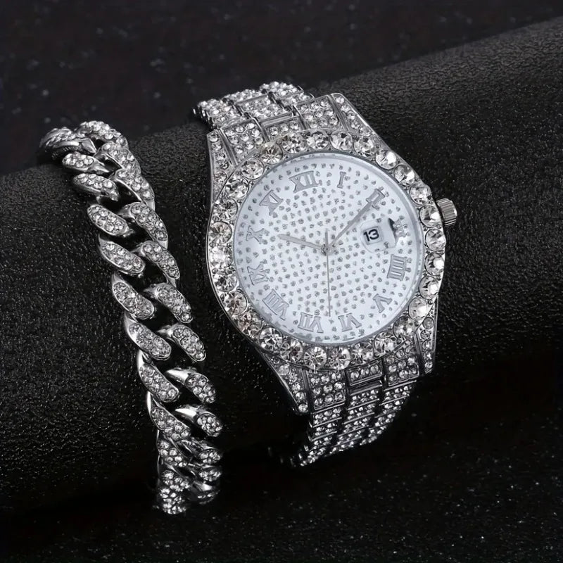 Fashion Hip-Hop Cuban Bracelet & Men'S Steel Band Faux Diamond Watch, Fashion Men'S Watch Set