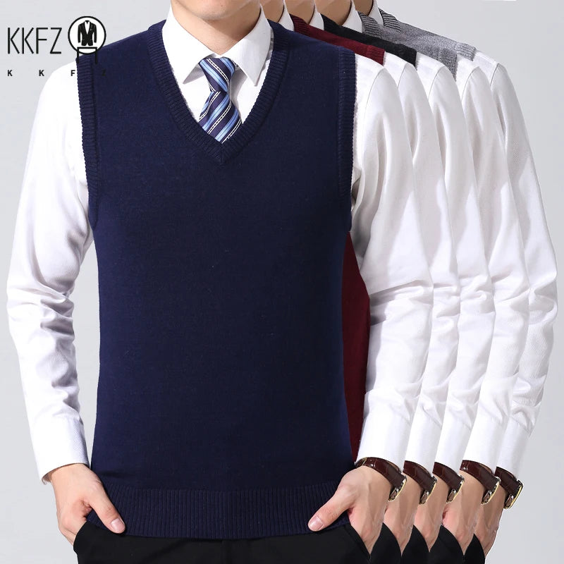 2024 Autumn Winter New Men'S Solid Color V-Neck Knitted Vest Casual Fashion Warm Sweater Versatile Top