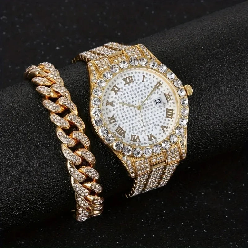 Fashion Hip-Hop Cuban Bracelet & Men'S Steel Band Faux Diamond Watch, Fashion Men'S Watch Set