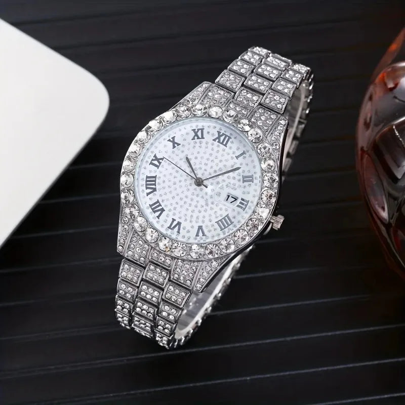 Fashion Hip-Hop Cuban Bracelet & Men'S Steel Band Faux Diamond Watch, Fashion Men'S Watch Set