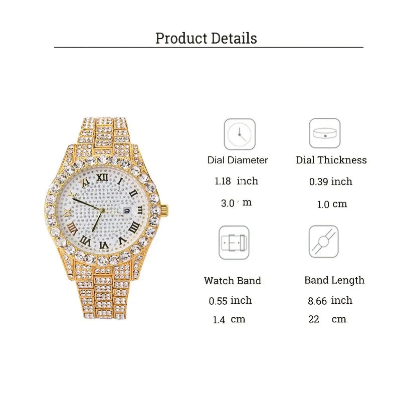 Fashion Hip-Hop Cuban Bracelet & Men'S Steel Band Faux Diamond Watch, Fashion Men'S Watch Set