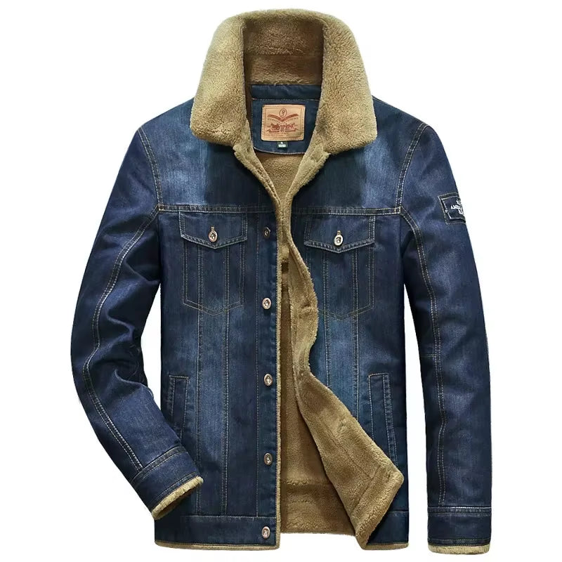 Winter Mens Jacket Motorcycle Casual High Quality Men Cotton Coat Lapel Thickened Lamb Wool Lining Denim Jacket Large 6XL