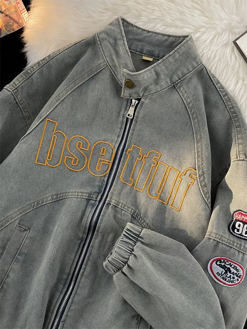 Vintage American High Street Badge Men'S Denim Jacket Zipper Collar Autumn Trendy Brand Faded Jeans Jacket Loose Fit Youth