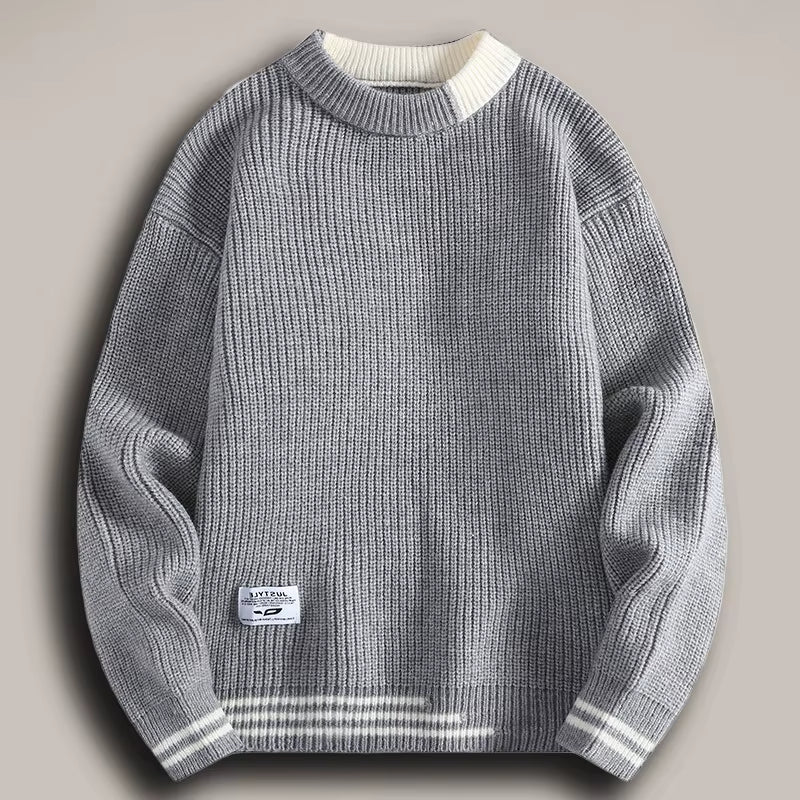 Men'S Knitted Wool Sweater round Neck Thickened Winter Fashion College Sle Youthful Long Sleeve Casual Loose Fit Sweater